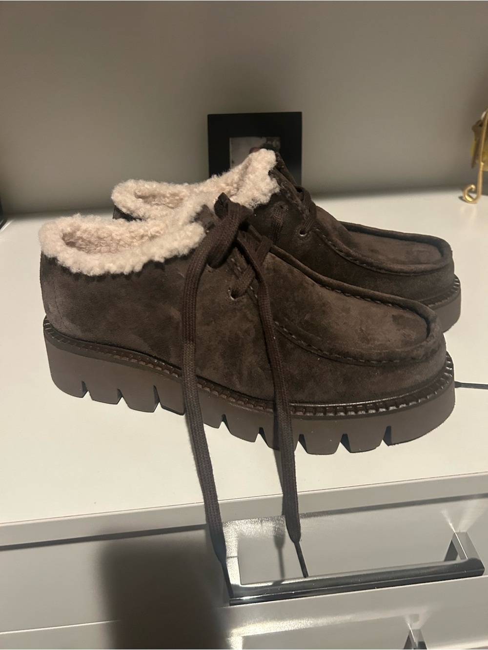 Pedro Garcia Dark Brown Suede Shearling-Trim Lace-Up Booties